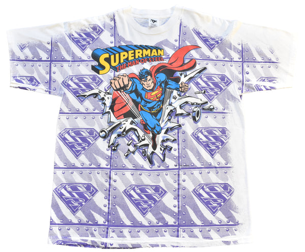 1992 DC Comics Superman Man Of Steel All Over Print Single Stitch Shirt Size X-Large