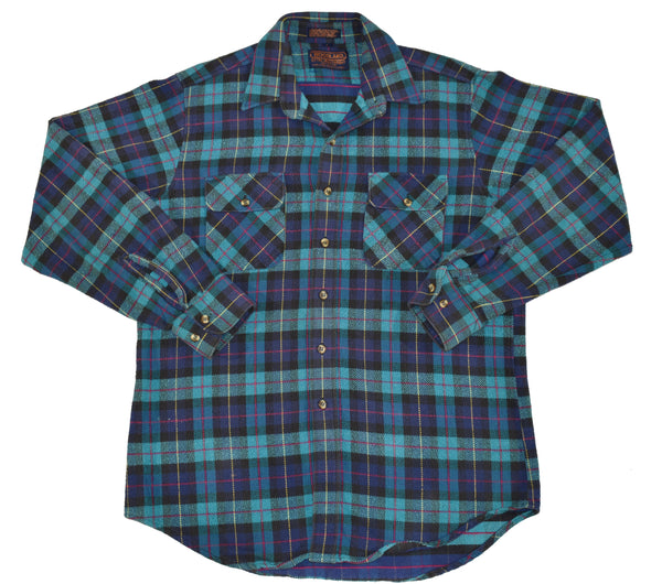 Vintage 80s Woodland Aqua Plaid Flannel Size Large