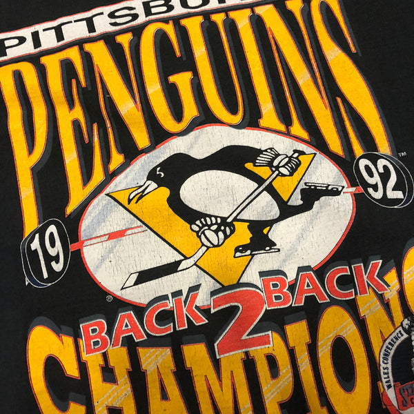 1992 Single Stitch Pittsburgh Penguins Back 2 Back Shirt Black Size Large - Beyond 94