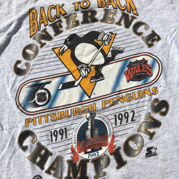1992 Single Stitch Pittsburgh Penguins Back 2 Back Shirt Grey Size Large - Beyond 94