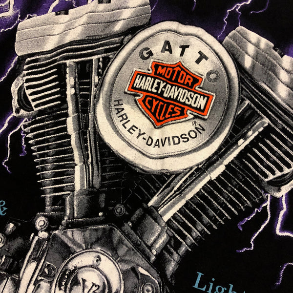 Vintage 90s Harley Davidson Thunder & Lightning All Over Print Single Stitch Shirt Size Large