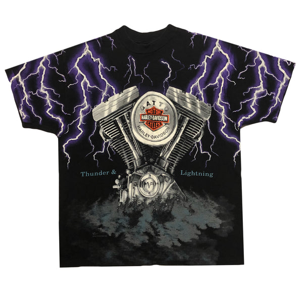 Vintage 90s Harley Davidson Thunder & Lightning All Over Print Shirt | Beyond 94