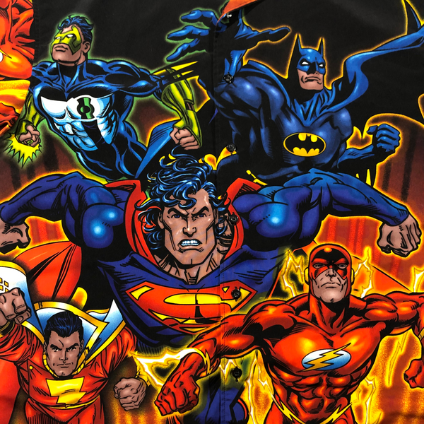 2001 DC Comics Justice League All Over Print Button Up Shirt Size X-Large